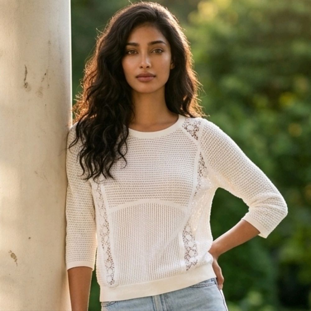 Anthropologie Knitted & Knotted Ivory Floral Lace Slub Knit Scoop Sweater Spring
